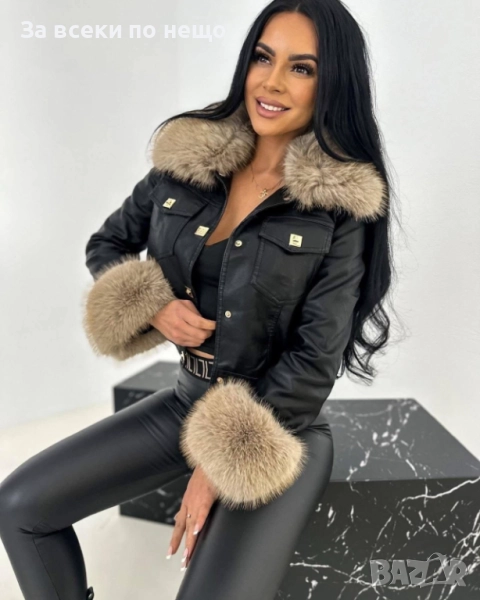 Дамско Черно Кожено Яке С Богат Пух На Яката И Ръкавите Код A848, снимка 1