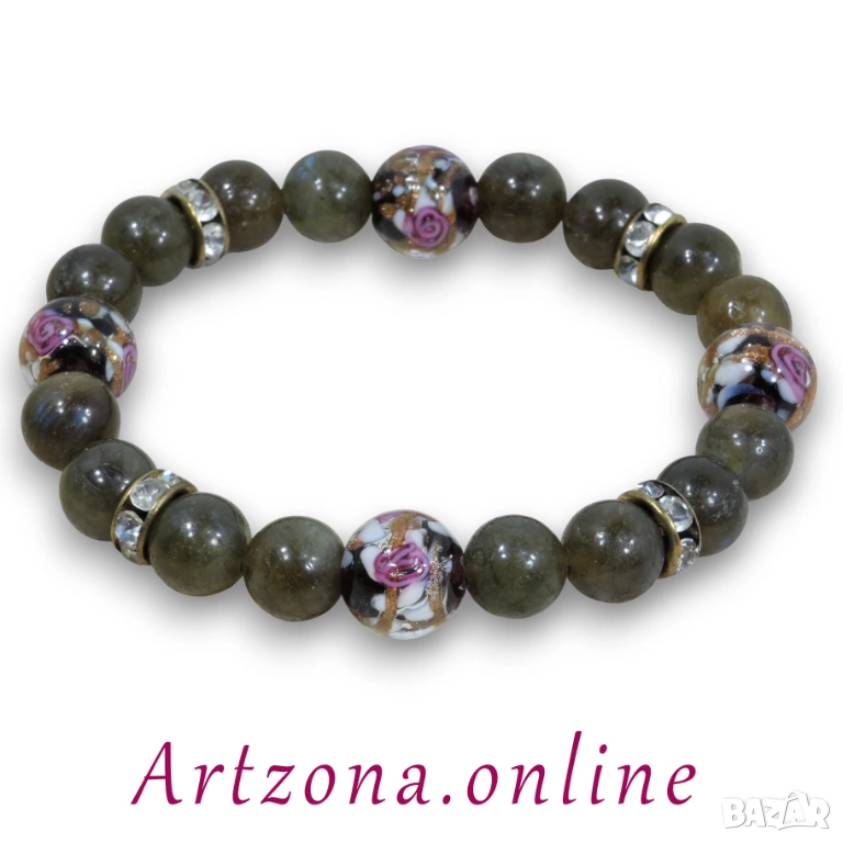 Гривна от Лабрадорит и рисувано стъкло 3330, снимка 1