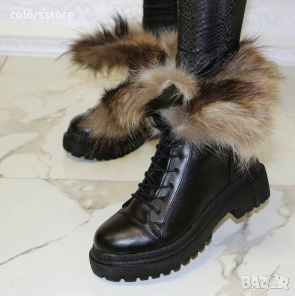 Равни боти - черна кожа с бежов ЕСТЕСТВЕН пух - TR36, снимка 1