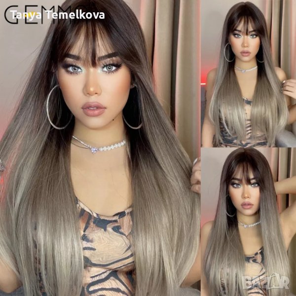 Права сиво / руса перука с бретон, снимка 1