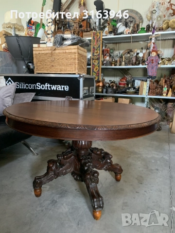 Антична Кръгла Маса от Масивно Дърво с Богата Резба, снимка 2 - Маси - 51719315