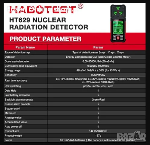 Детектор за измерване на радиация( Дозиметър ) HABOTEST HT-629 Geiger Detector X β γ-Ray Dosimeter , снимка 8 - Друга електроника - 47985462