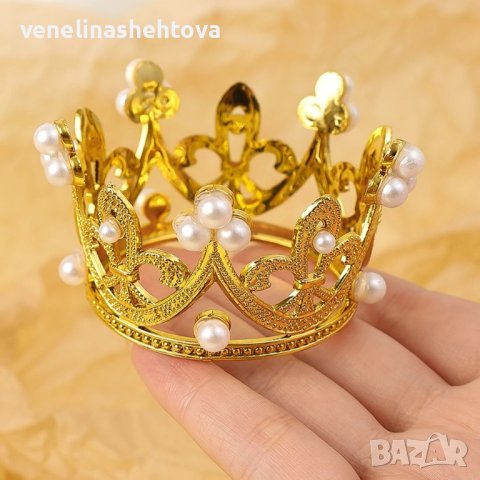 Сребриста и златиста малка коронка тиара с перли топер декорация , снимка 7 - Други - 44197654