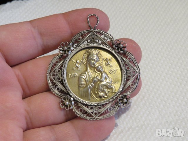 Възрожденска Сребърна икона, амулет, накит, медальон с Богородица, Дева Мария - Панагия  - Богородиц, снимка 5 - Колиета, медальони, синджири - 30015891