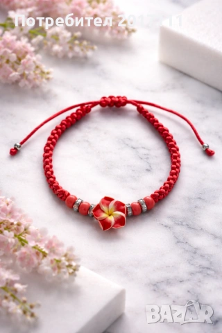 Дамска гривна с цвете Плумерия – гривна с мъниста и регулируема, снимка 2 - Гривни - 53928511