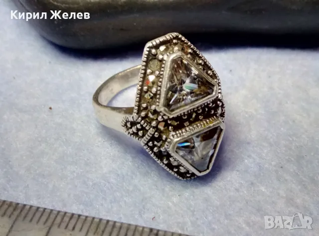 ШАРМАНТЕН СКЪПОЦЕНЕН СРЕБЪРЕН ПРЪСТЕН СРЕБРО 925 с БЯЛА ПОЗЛАТА ЛАБОРАТОРЕН МОЙСАНИТ МАРКАЗИТИ 48743, снимка 12 - Пръстени - 49346500