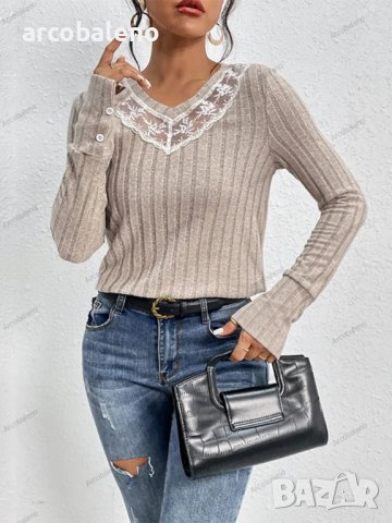 Дамски нов едноцветен пуловер с дълъг ръкав и V-образно деколте, снимка 5 - Блузи с дълъг ръкав и пуловери - 42630432