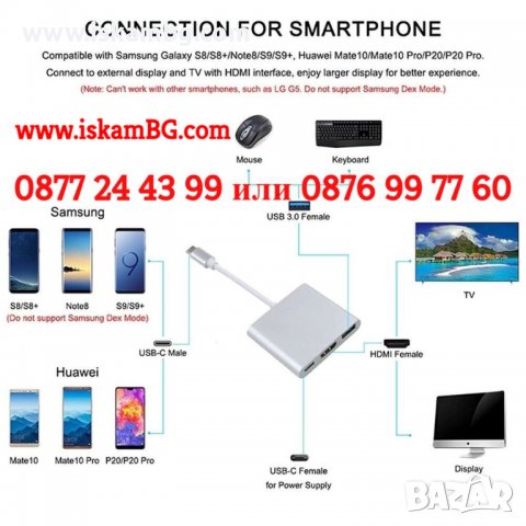 Type-C към HDMI, USB 3.0, Typе-C адаптор - КОД 3835, снимка 4 - Кабели и адаптери - 39596766