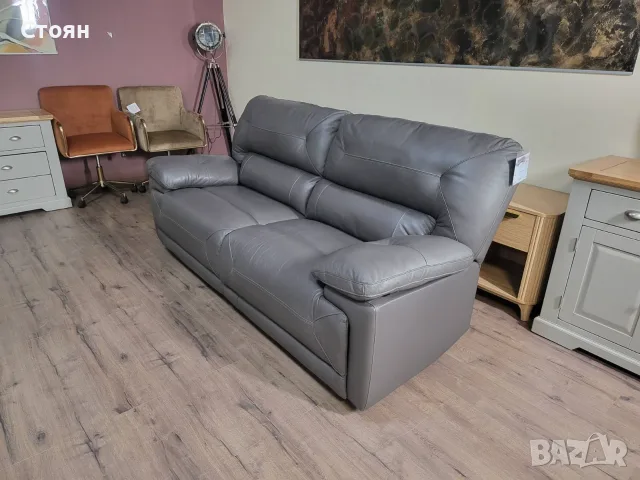 Сив кожен диван тройка, снимка 11 - Дивани и мека мебел - 56509733