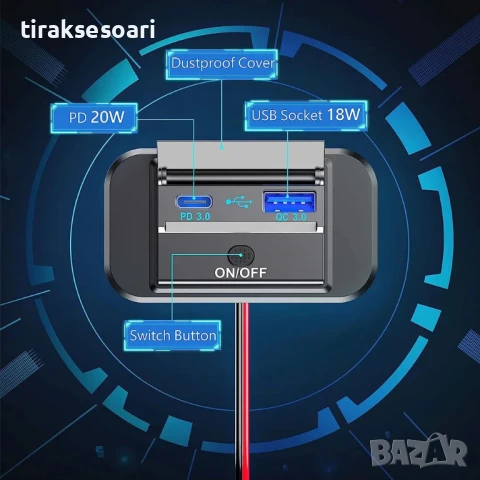 Панел за вграждане с 1 бутон ON/OFF с Type-C и USB входове, снимка 4 - Аксесоари и консумативи - 51033493