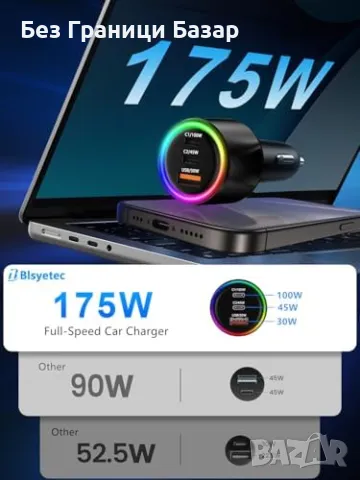Ново USB C зарядно за кола 175W PD 100W бързо зареждане за iPhone и лаптопи, снимка 2 - Друга електроника - 48003661