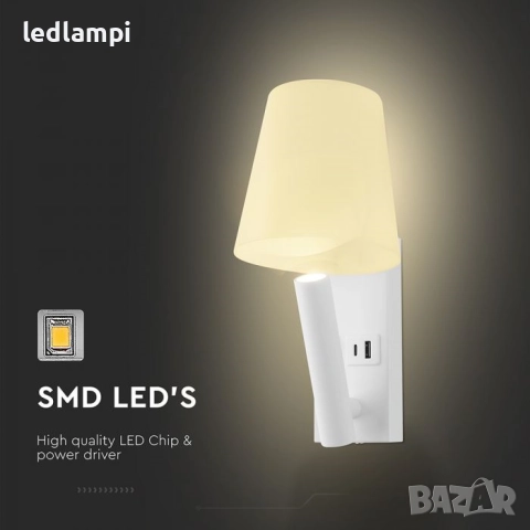 LED Аплик 2W С USB/PD Порт Бял Топло Бяла Светлина, снимка 3 - Лампи за стена - 25070377