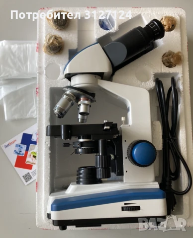 Микроскоп нов AmScope бинокулярен 40х-2500х за кабинети, училища и научни дейности, снимка 1