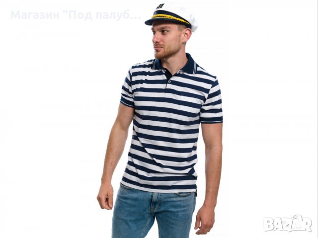 Нов мъжки комплект: моряшка блуза с яка и капитанска шапка, снимка 2 - Тениски - 29975171