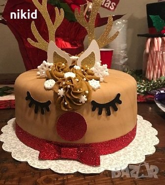 сет коледен елен рога вежди нос брокатени картонени с клечки украса декор за торта