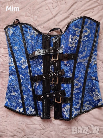 XL Син сатенен корсет с кожа / лак /, снимка 6 - Корсети, бюстиета, топове - 53897882