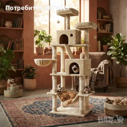 Драскалка за котки Beige 206 см – XXL катерушка с 2 къщички, хамак и площадки, снимка 5 - За котки - 55768400