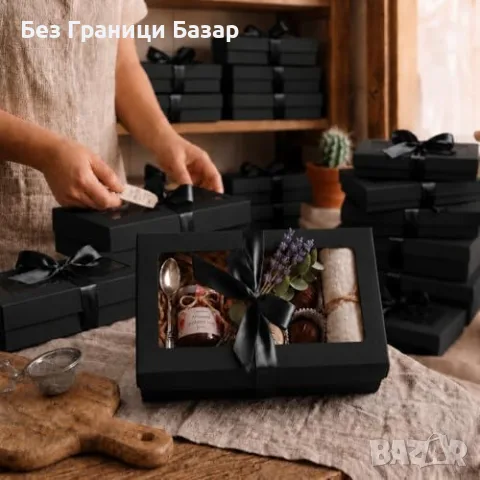 Нови 12 броя черни подаръчни кутии с прозорец и сатенена панделка 27x16x6 см, снимка 7 - Други - 55943203