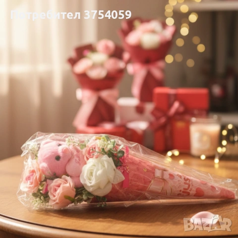 Декоративен подаръчен букет с плюшено мече и изкуствени цветя, снимка 3 - Други - 53075162