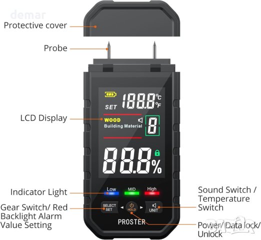 Proster Детектор за влага с LCD екран с измерване на температурата, снимка 2 - Други - 42127112