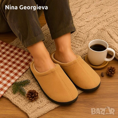 Топли и удобни домашни чехли в сив/ светло кафяв цвят, снимка 5 - Чехли - 53255249