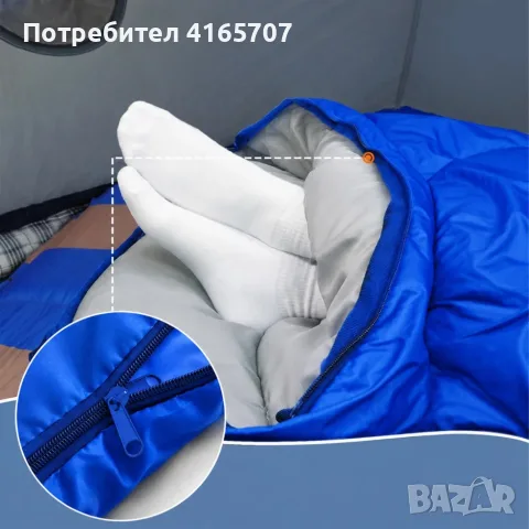 Туристически спален чувал 2 в 1 с качулка, 210 × 70 см, син, снимка 5 - Къмпинг мебели - 56196424