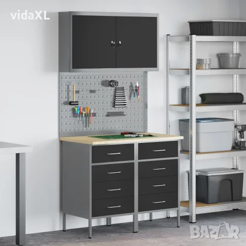 vidaXL Работен кабинет 5 бр. Черно Инженерна дървесина и стомана, снимка 2 - Работни маси и бюра - 56146971