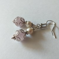 Прелестни обици с истински перли и камъкът на Любовта - Розов кварц , снимка 3 - Обеци - 32037563