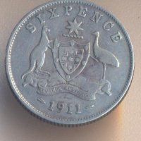Австралия 6 пенса 1911 година, сребро, снимка 1 - Нумизматика и бонистика - 29227375