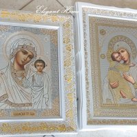 Икона "Света Казанска Богородица" с бяла рамка със златни орнаменти и стъкло, снимка 2 - Икони - 37639199