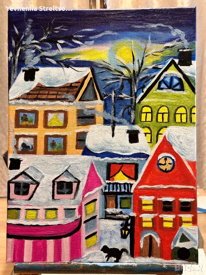 Оригинальная картина маслом ЗИМА В СКАЗОЧНОМ ГОРОДЕ, снимка 1