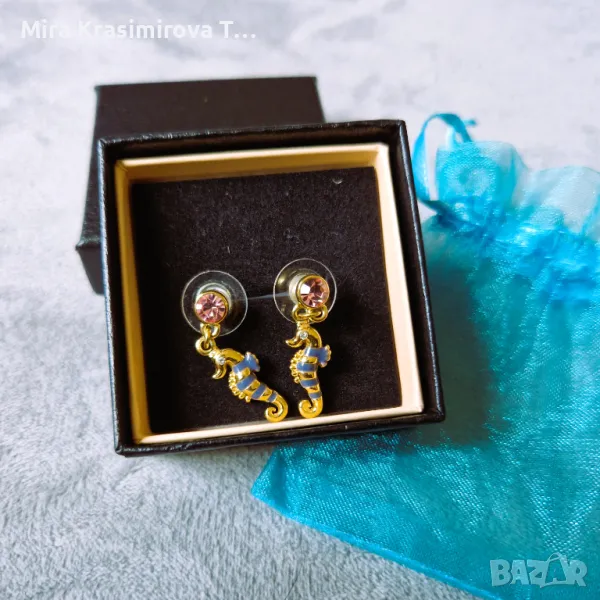 Позлатени обеци с морски кончета и розов камък, снимка 1