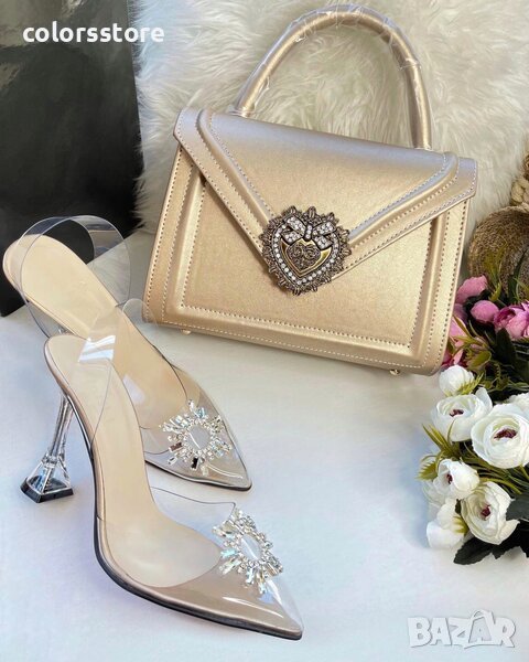 Сандали на ток - прозрачен силикон с бежов акцент - 8020, снимка 1