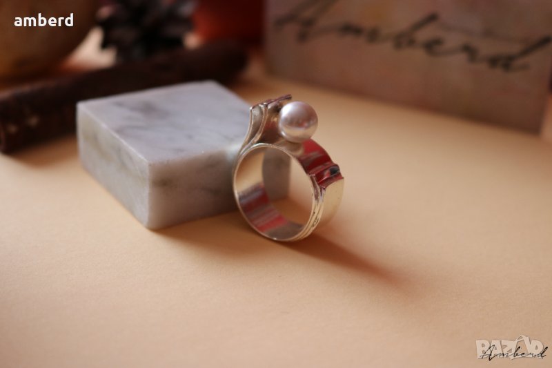 Стилен и елгантен сребърен пръстен с перла - модел R017A, снимка 1