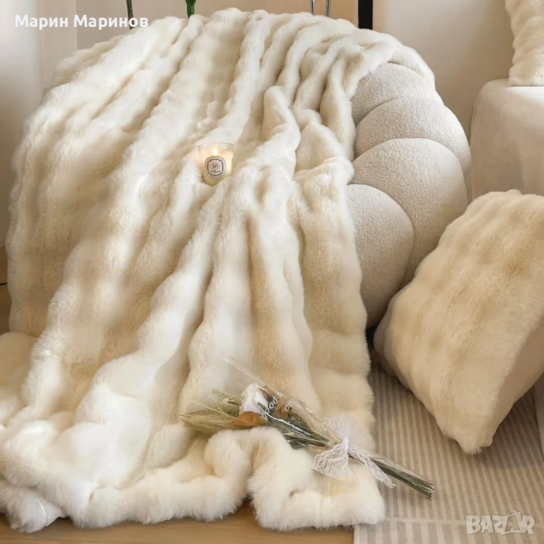 Мек заек плюшен одеяло, изкуствена кожа топло одеяло за диван и легло - Бяло 130 x 160 см, снимка 1