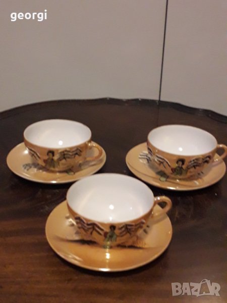 Три чаши с чинийки японски фин костен порцелан , снимка 1