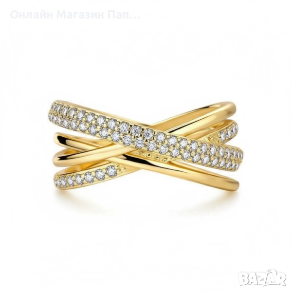 Сребърен пръстен от 925 стерлингово сребро - кръстосани халки и циркони, златист цвят, снимка 1