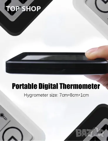 Цифров часовник, термо/хигрометър, малък,тънък, стоящ часовник, подвижна стойка,ЧЕРЕН, снимка 3 - Друга електроника - 48788242