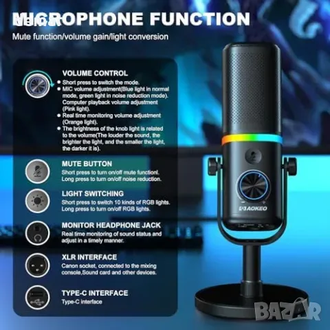 Динамичен микрофон Aokeo AK-10 USB/XLR с рамо и RGB подсветка, бял, снимка 4 - Други стоки за дома - 56228568