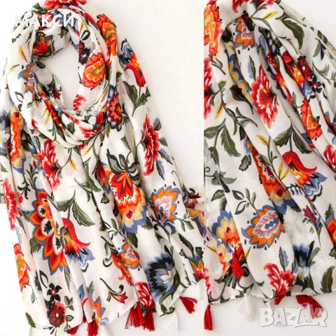 Модерен многофункционален слънцезащитен шал с мини пискюлчета Бохо стил с красиви цветя в две разцве