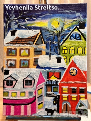 Оригинальная картина маслом ЗИМА В СКАЗОЧНОМ ГОРОДЕ