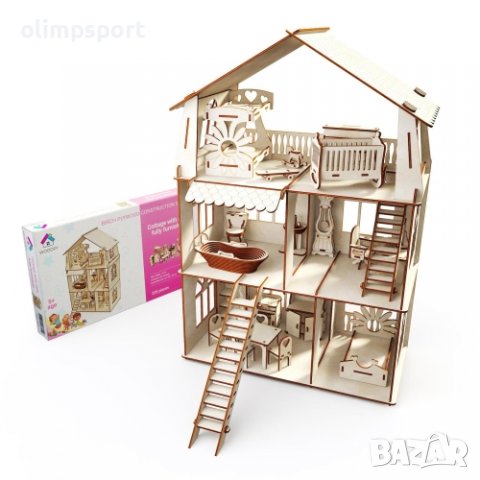 Дървен сглобяем комплект, Вила с мансарда, С мебели, 228 части (270153) , снимка 3 - Конструктори - 39924669