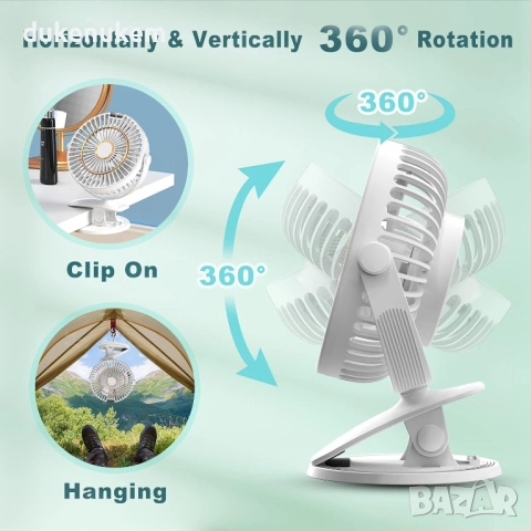 Преносим настолен вентилатор 3-в-1, 5 скорости, 720° въртене, LED дисплей, 2400mAh батерия, снимка 3 - Вентилатори - 52638139