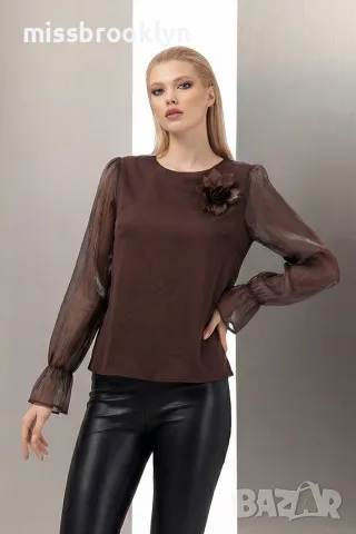 Блуза “Cocoa Bloom” – дамска блуза с цветна апликация и прозрачни ръкави арт.5065, снимка 3 - Блузи с дълъг ръкав и пуловери - 55821790