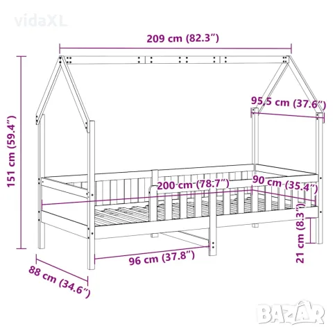 vidaXL Рамка за детско легло къща, бяла, 90x200 см, борово дърво масив, снимка 9 - Спални и легла - 56148212