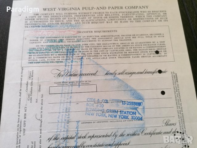 Сертификат за 100 акции (САЩ) | West Virginia Pulp and Paper Company | 1967г., снимка 5 - Други ценни предмети - 29320352
