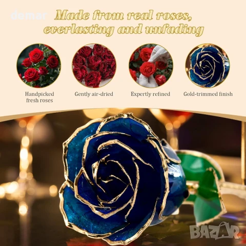 Mikasol Истинска реалистична роза, потопена в 24-каратово злато – вечен, реалистичен цъфтеж, синя, снимка 2 - Подаръци за жени - 50592043