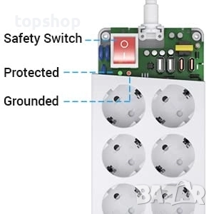 Нов 12-полюсен разклонител с пренапрежение и ключ, стенен разклонител с 12 контакта и 2 USB-C ..., снимка 2 - Други стоки за дома - 51637919