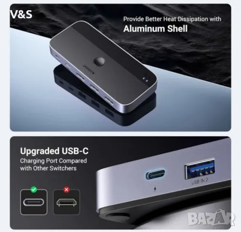 Суич Ugreen CM662 USB 3.0 Switch 2-in-4 Switch + 2x USB-A кабел - черен, снимка 8 - Други - 48648138