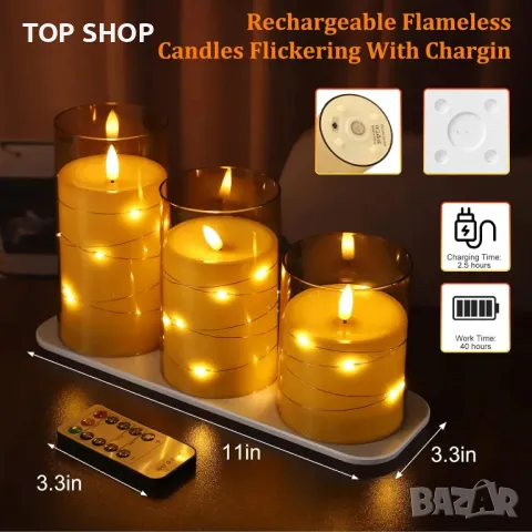 Glowtink 3 бр.LED свещи акумулаторни безпламъчни, дистанционен таймер, мигащи, декор, 4" 5" 6",жълти